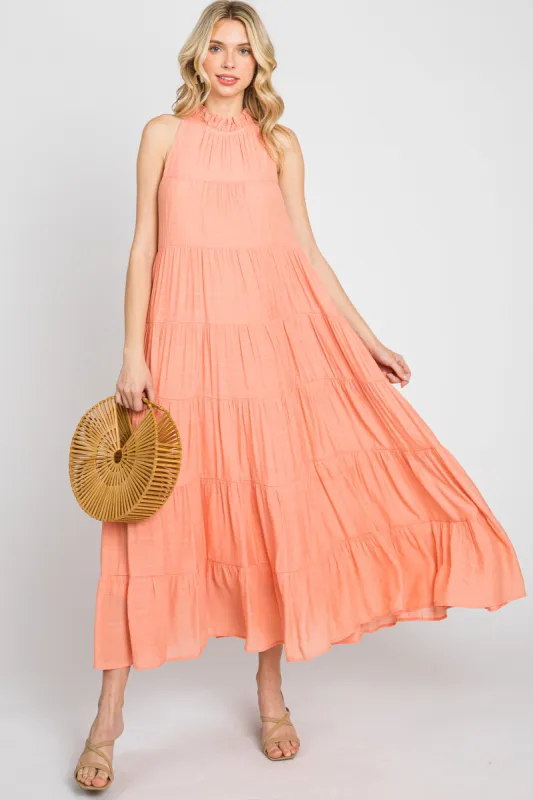 Peach Tiered High Neck Maxi Dress sold by Pinkblush