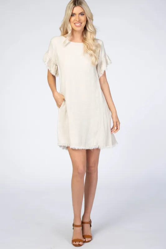 Cream Frayed Trim Back Keyhole Linen Dress sold by Pinkblush