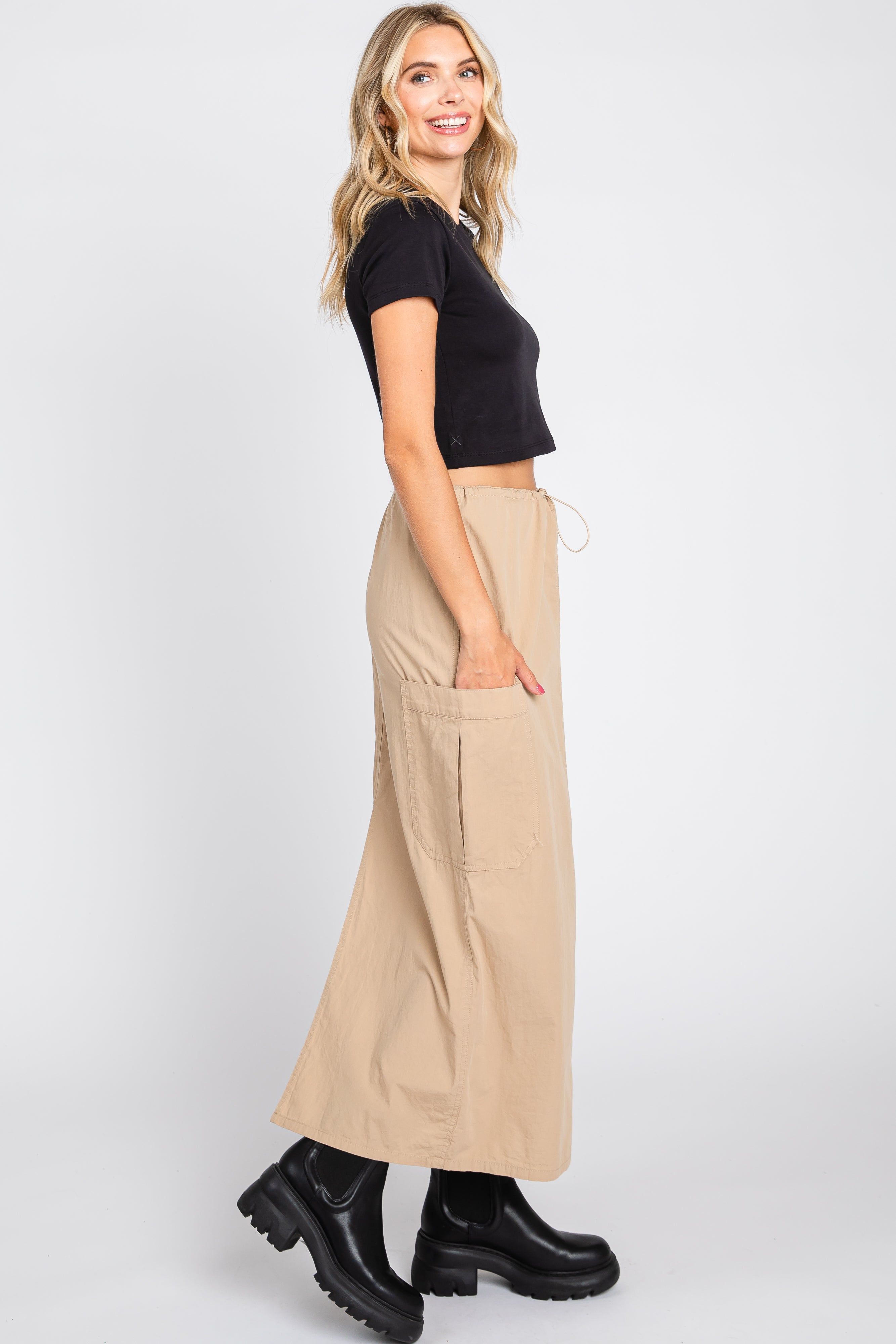 Light Taupe Drawstring Pocket Maxi Skirt sold by Pinkblush product image thumbnail 2