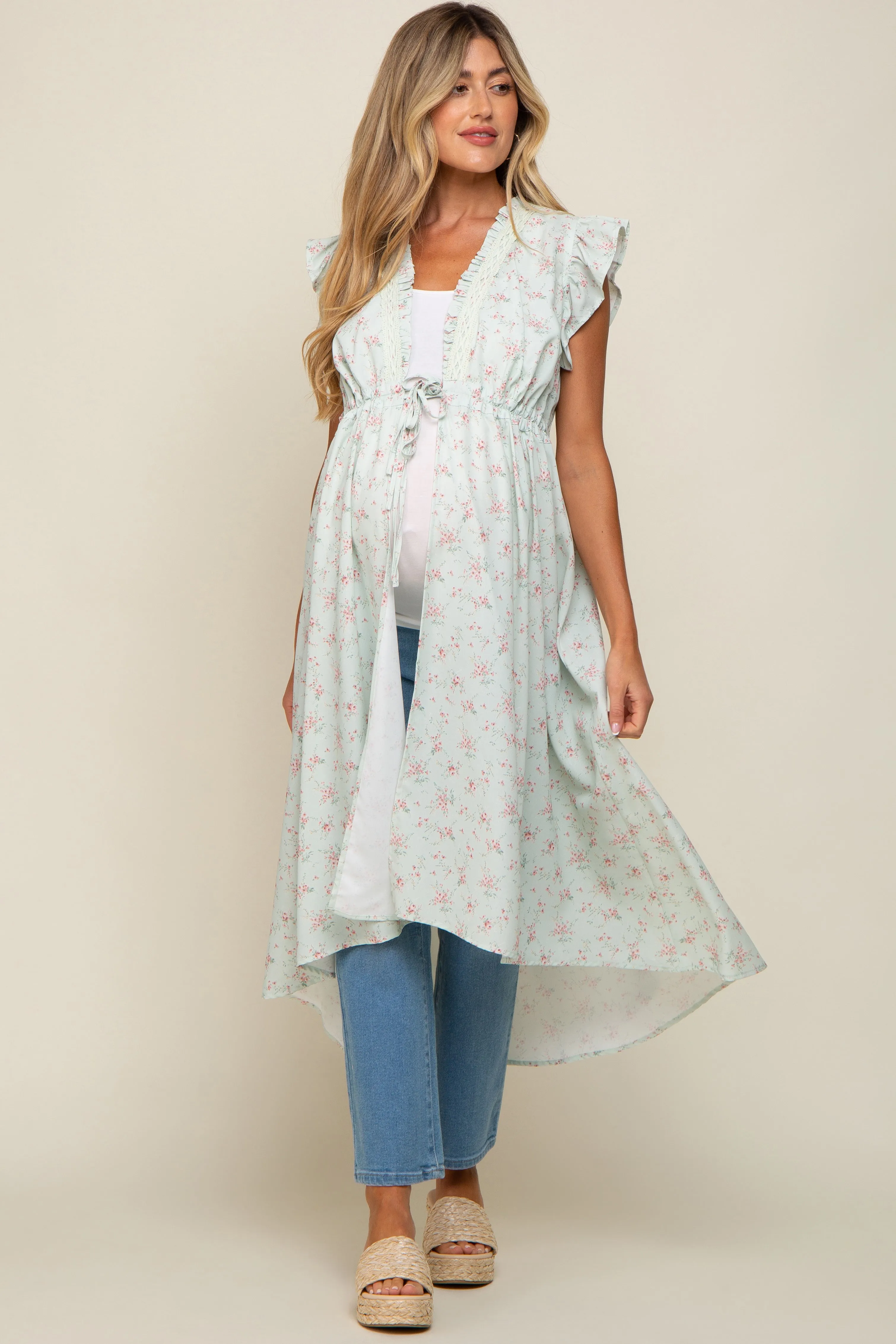 Mint Floral Ruffle Maternity Cover-Up sold by Pinkblush