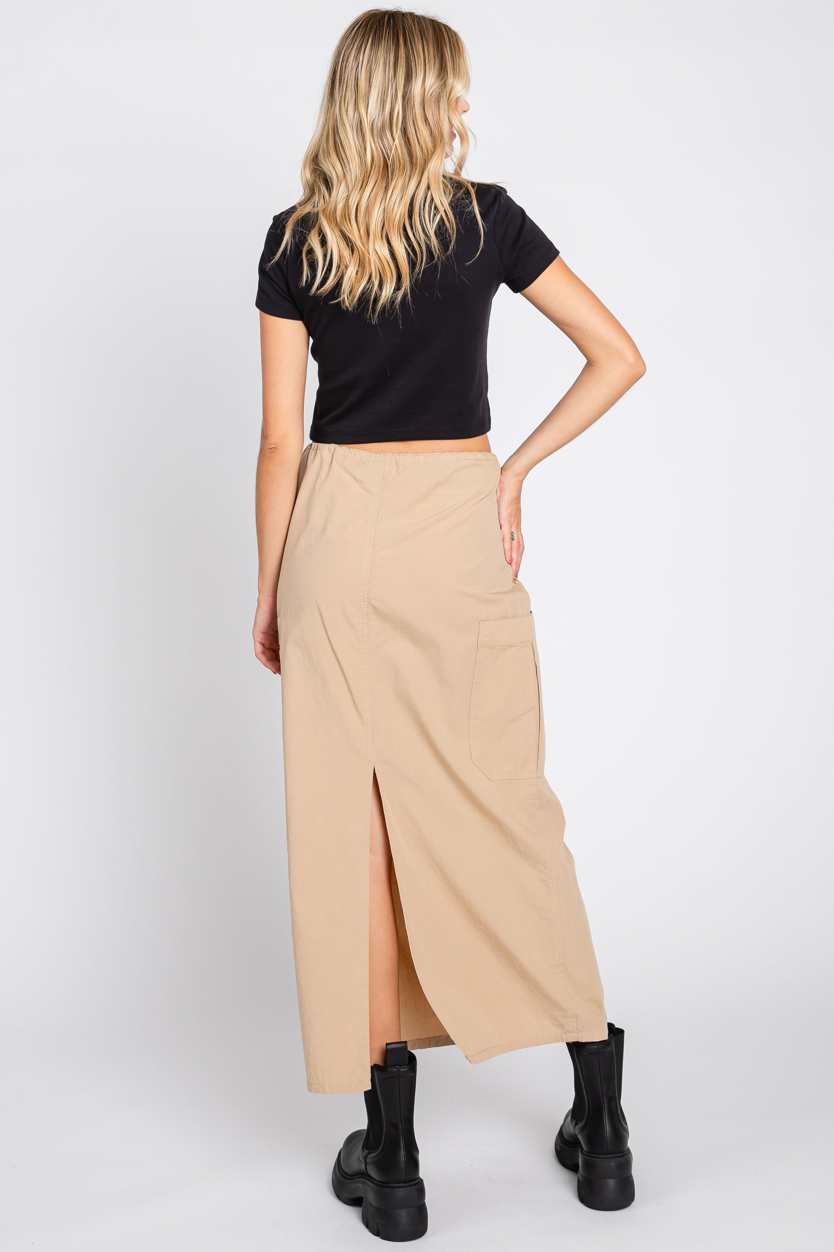 Light Taupe Drawstring Pocket Maxi Skirt sold by Pinkblush product image thumbnail 3
