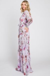 Lavender Floral Chiffon Long Sleeve Maxi Dress sold by Pinkblush