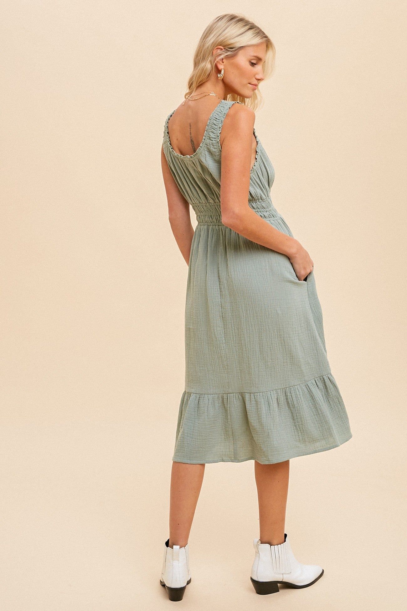 Light Olive Gauze Smocked Waist Lettuce Trim Midi Dress sold by Pinkblush product image thumbnail 3
