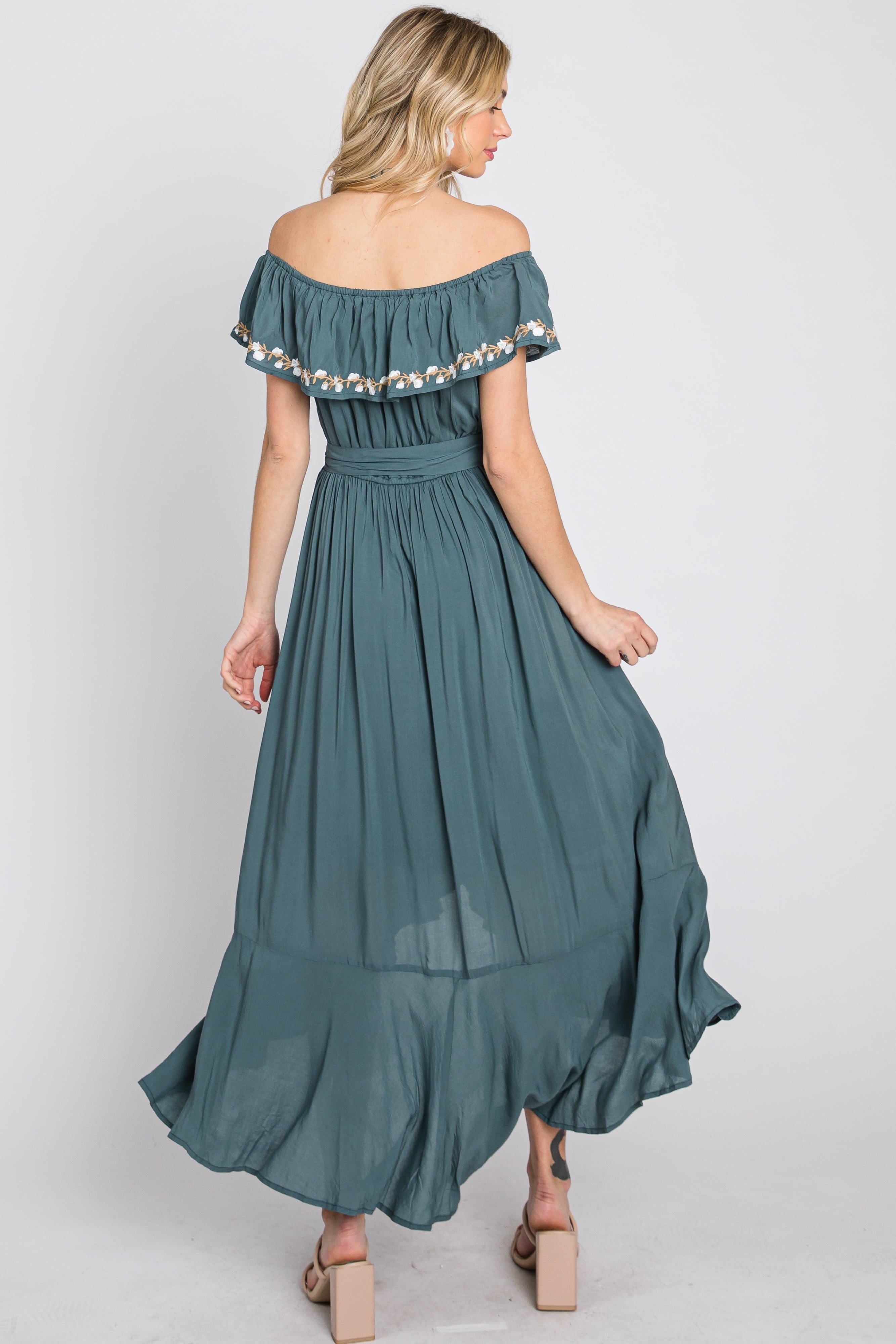 Green Floral Embroidered Off Shoulder Dress sold by Pinkblush product image thumbnail 8