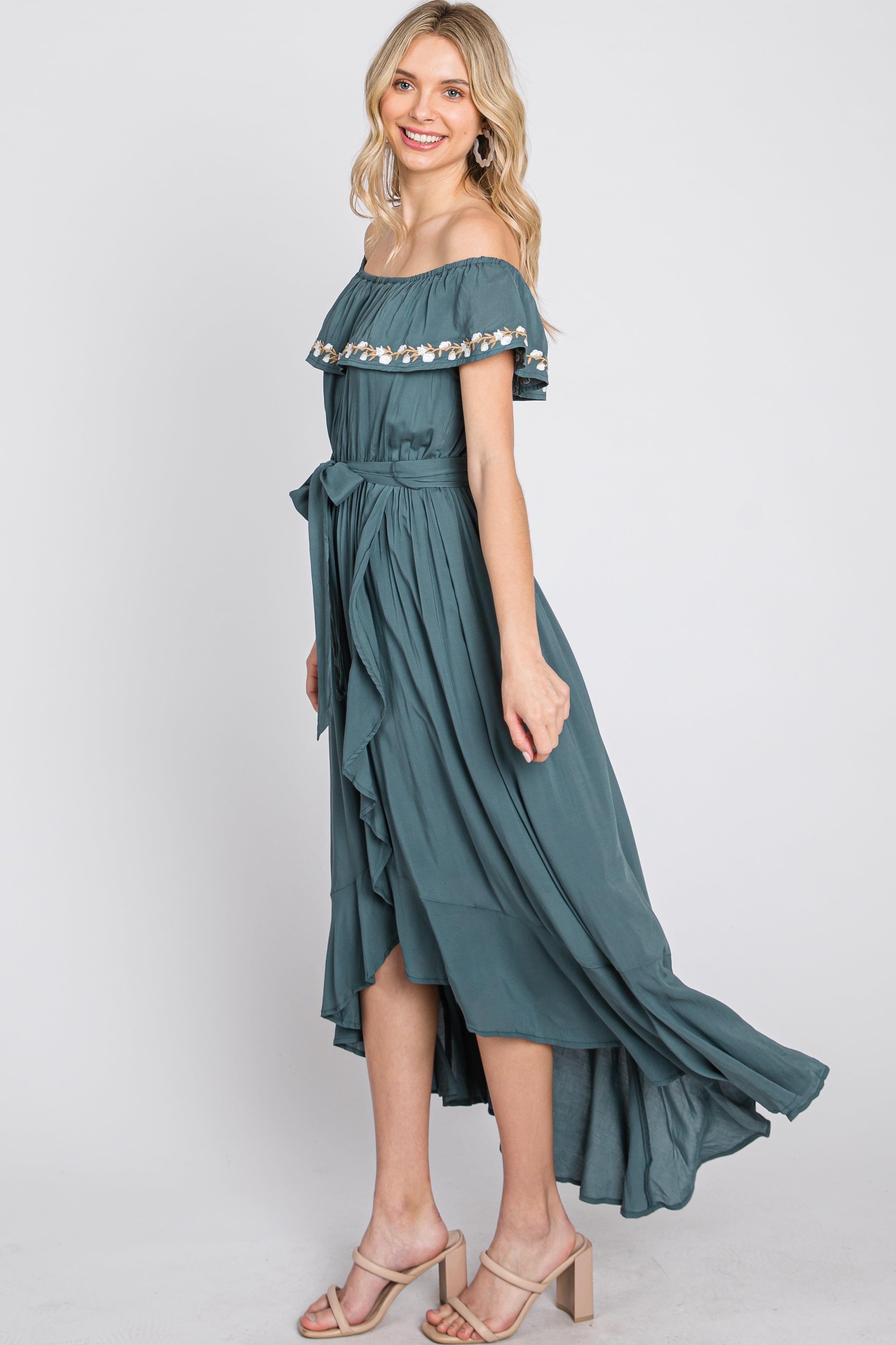 Green Floral Embroidered Off Shoulder Dress sold by Pinkblush product image thumbnail 5