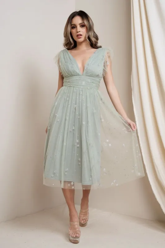 Dusty Sage Star Sequin Midi sold by Pinkblush
