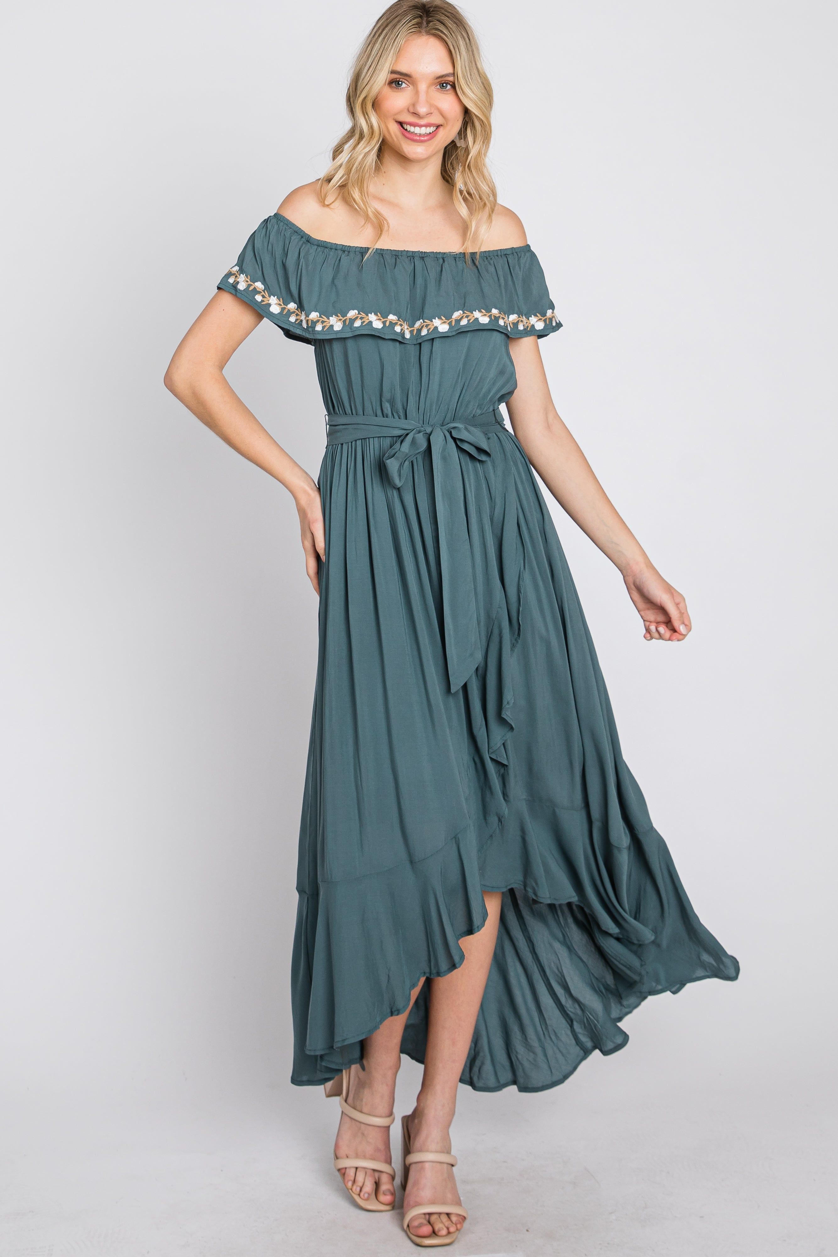 Green Floral Embroidered Off Shoulder Dress sold by Pinkblush product image thumbnail 2