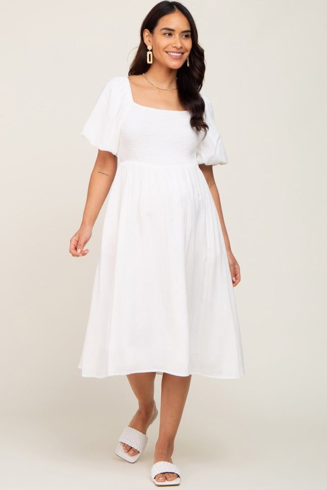 White Smocked Puff Sleeve Maternity Midi Dress sold by Pinkblush product image thumbnail 4