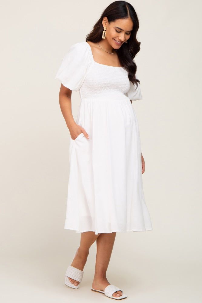 White Smocked Puff Sleeve Maternity Midi Dress sold by Pinkblush