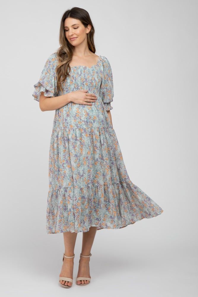 Light Blue Floral Chiffon Smocked Square Neck Maternity Midi Dress sold by Pinkblush