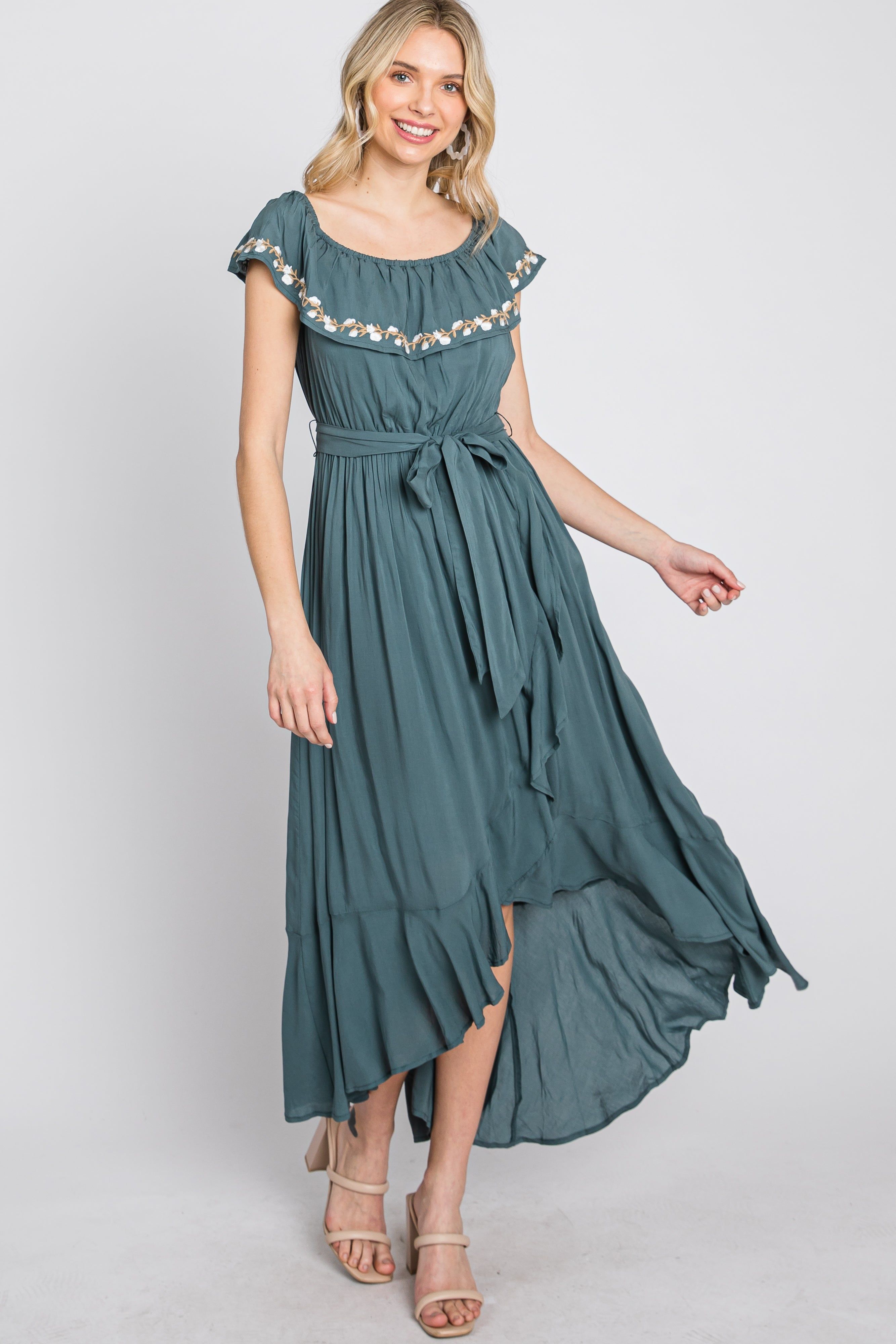 Green Floral Embroidered Off Shoulder Dress sold by Pinkblush product image thumbnail 11