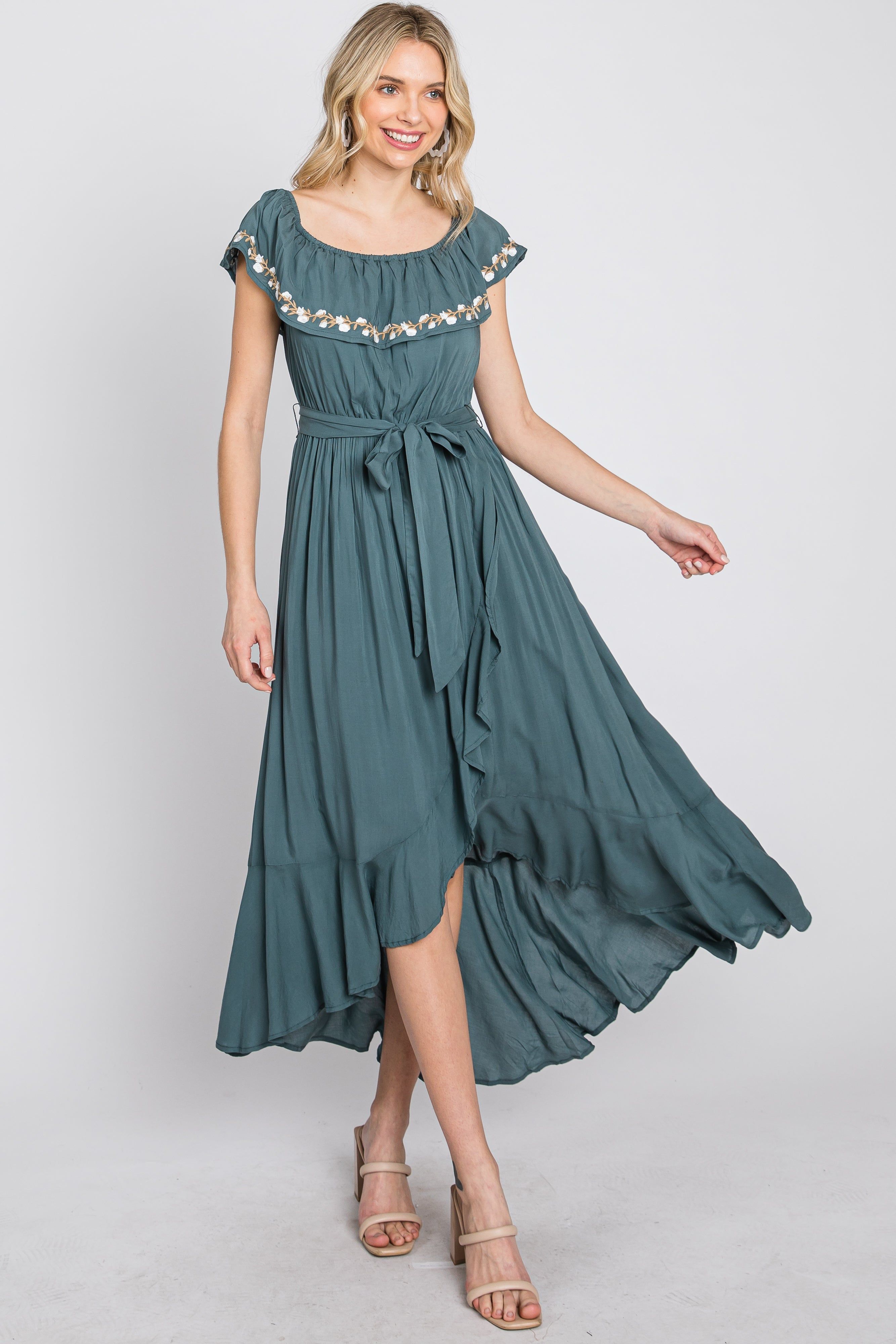 Green Floral Embroidered Off Shoulder Dress sold by Pinkblush product image thumbnail 9