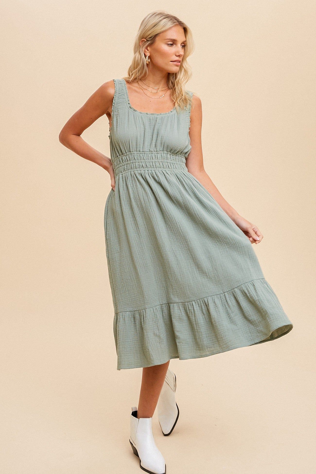 Light Olive Gauze Smocked Waist Lettuce Trim Midi Dress sold by Pinkblush