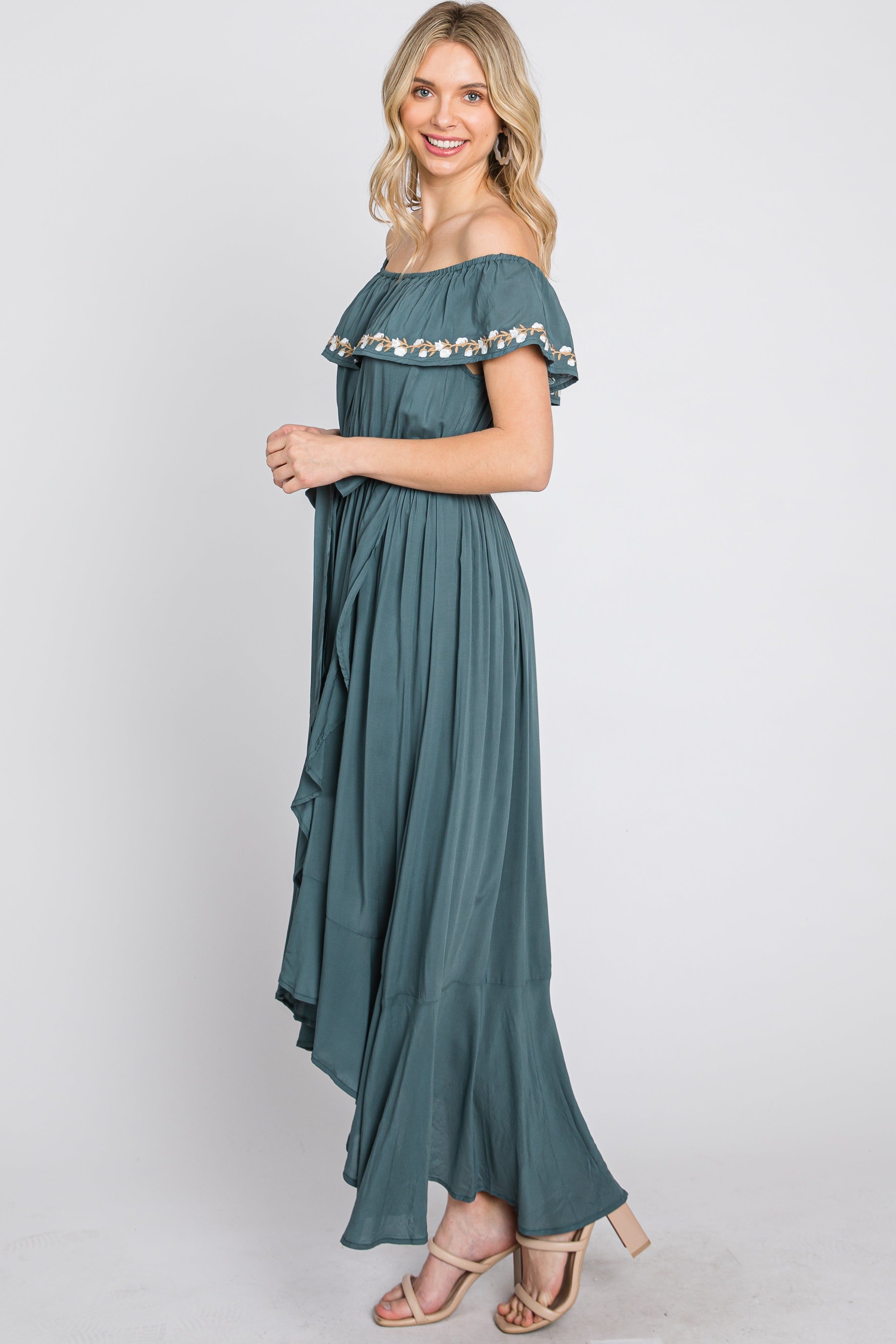 Green Floral Embroidered Off Shoulder Dress sold by Pinkblush product image thumbnail 6