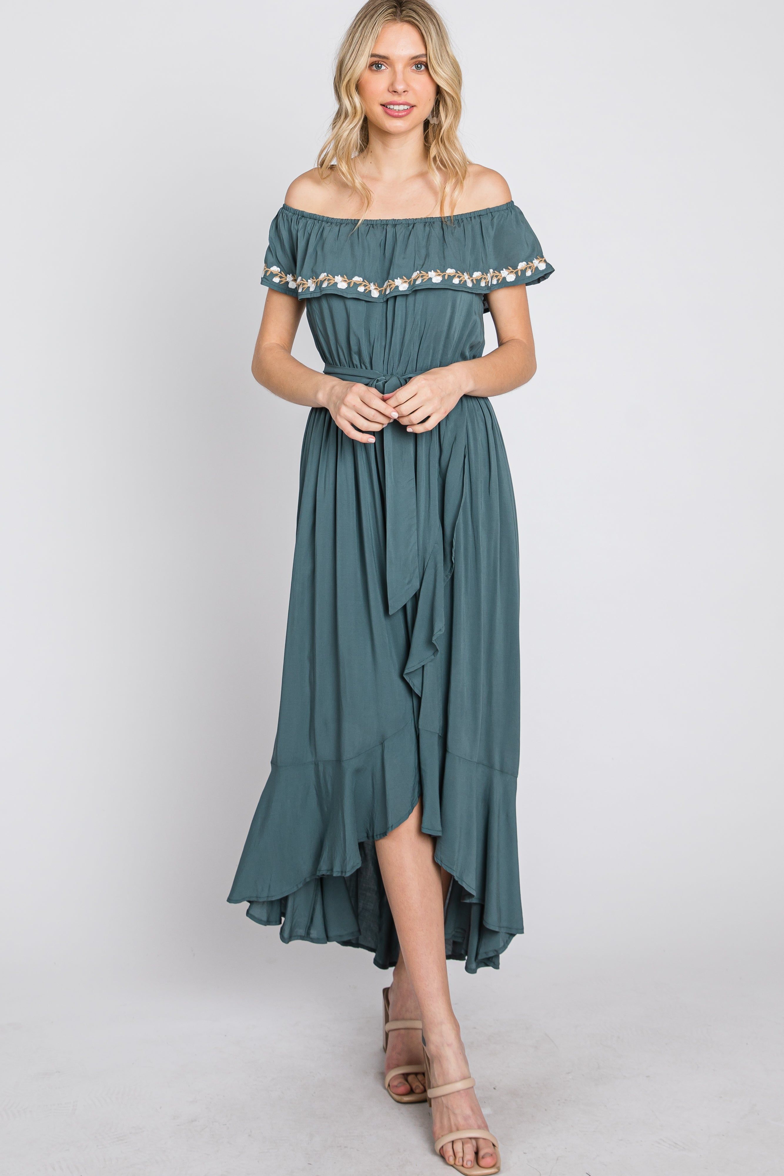 Green Floral Embroidered Off Shoulder Dress sold by Pinkblush product image thumbnail 3