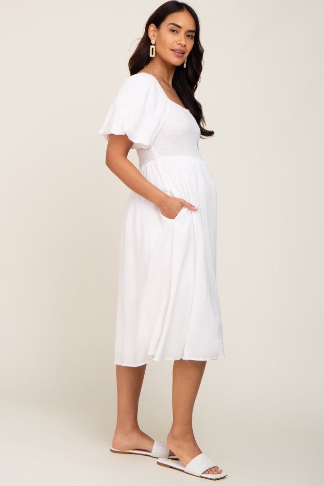 White Smocked Puff Sleeve Maternity Midi Dress sold by Pinkblush product image thumbnail 2