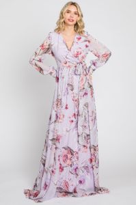 Lavender Floral Chiffon Long Sleeve Maxi Dress sold by Pinkblush