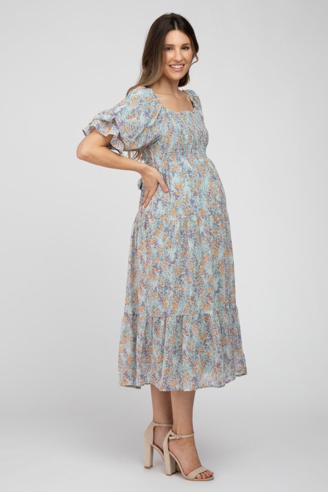 Light Blue Floral Chiffon Smocked Square Neck Maternity Midi Dress sold by Pinkblush product image thumbnail 2