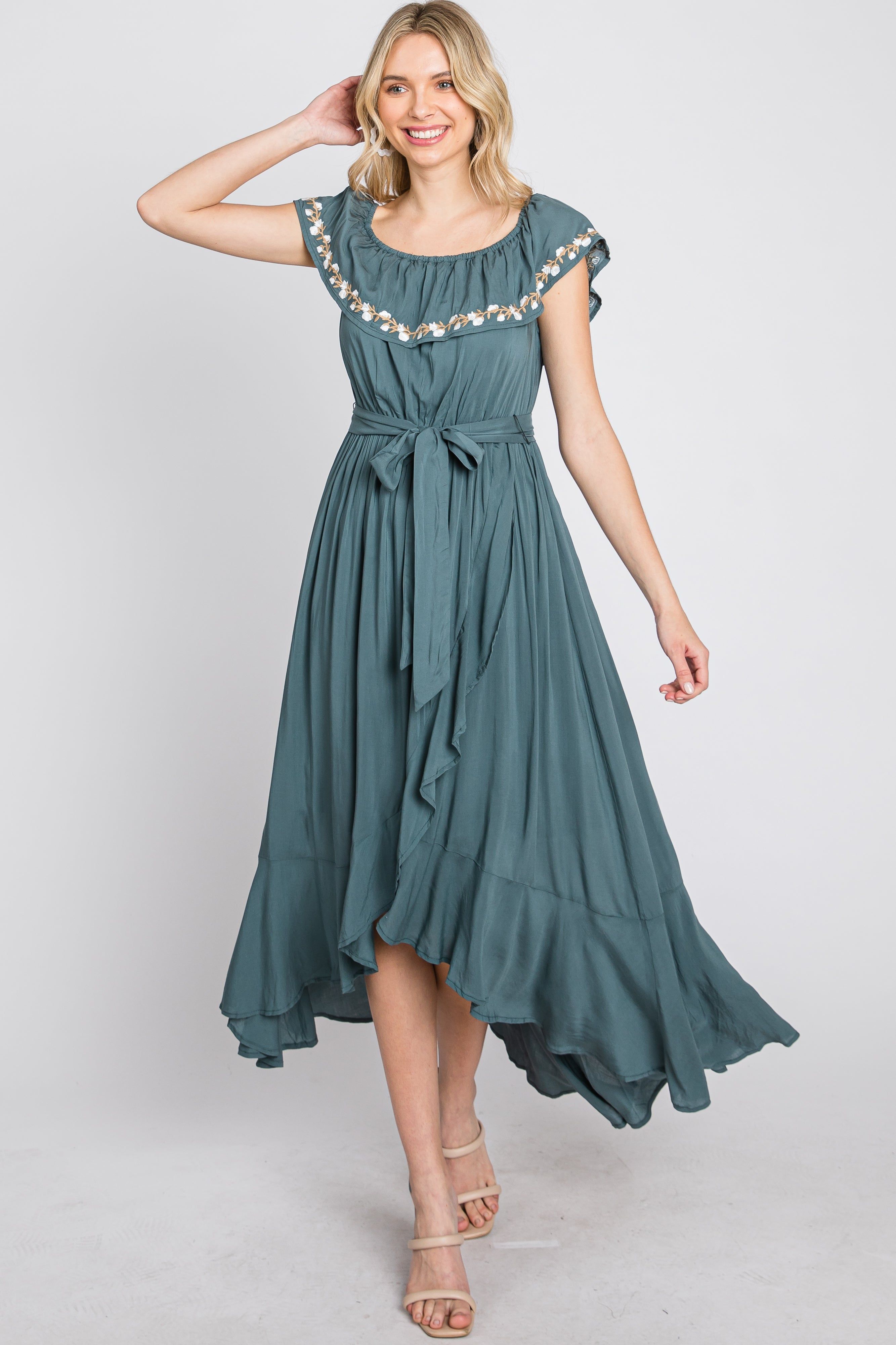 Green Floral Embroidered Off Shoulder Dress sold by Pinkblush product image thumbnail 10