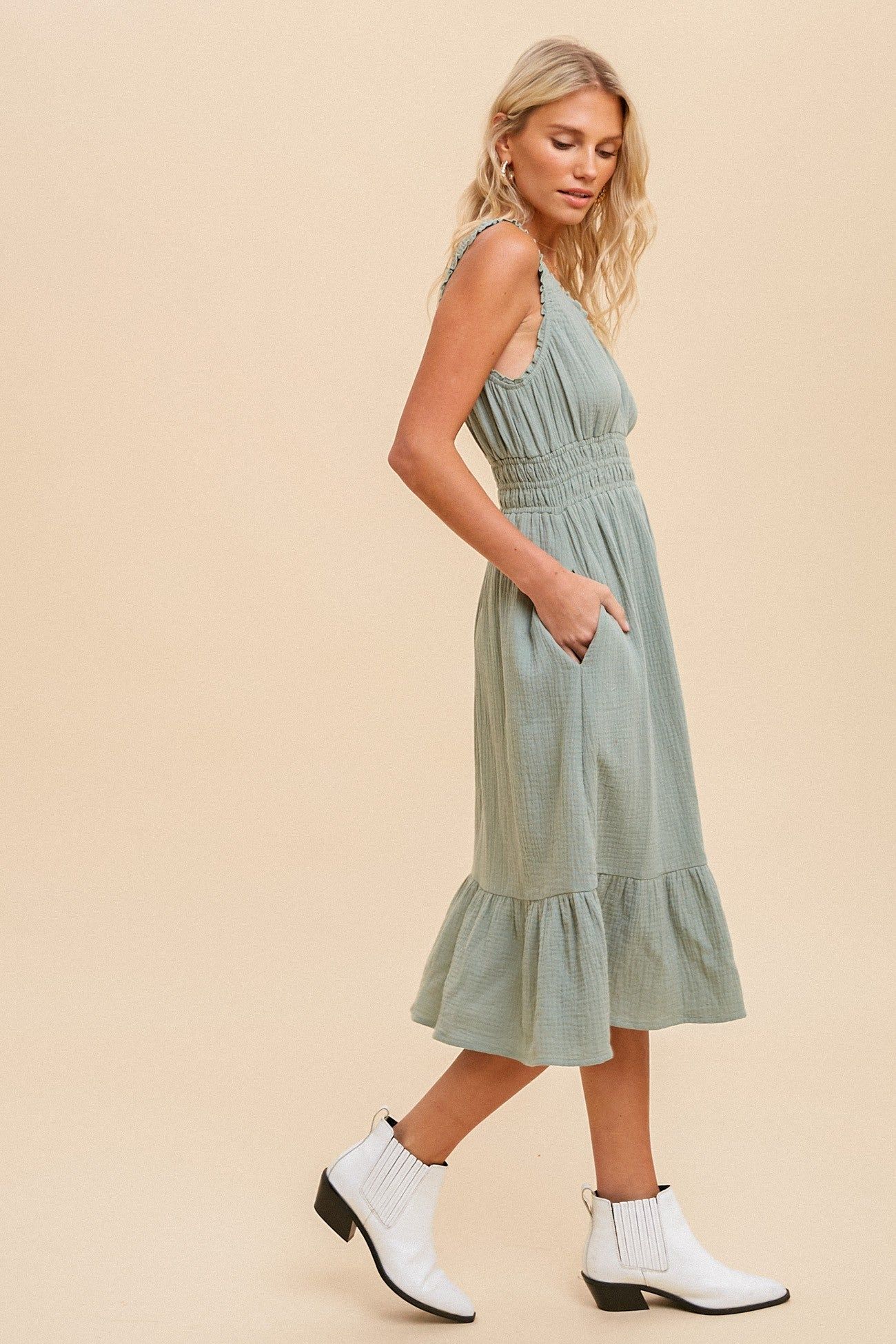 Light Olive Gauze Smocked Waist Lettuce Trim Midi Dress sold by Pinkblush product image thumbnail 2
