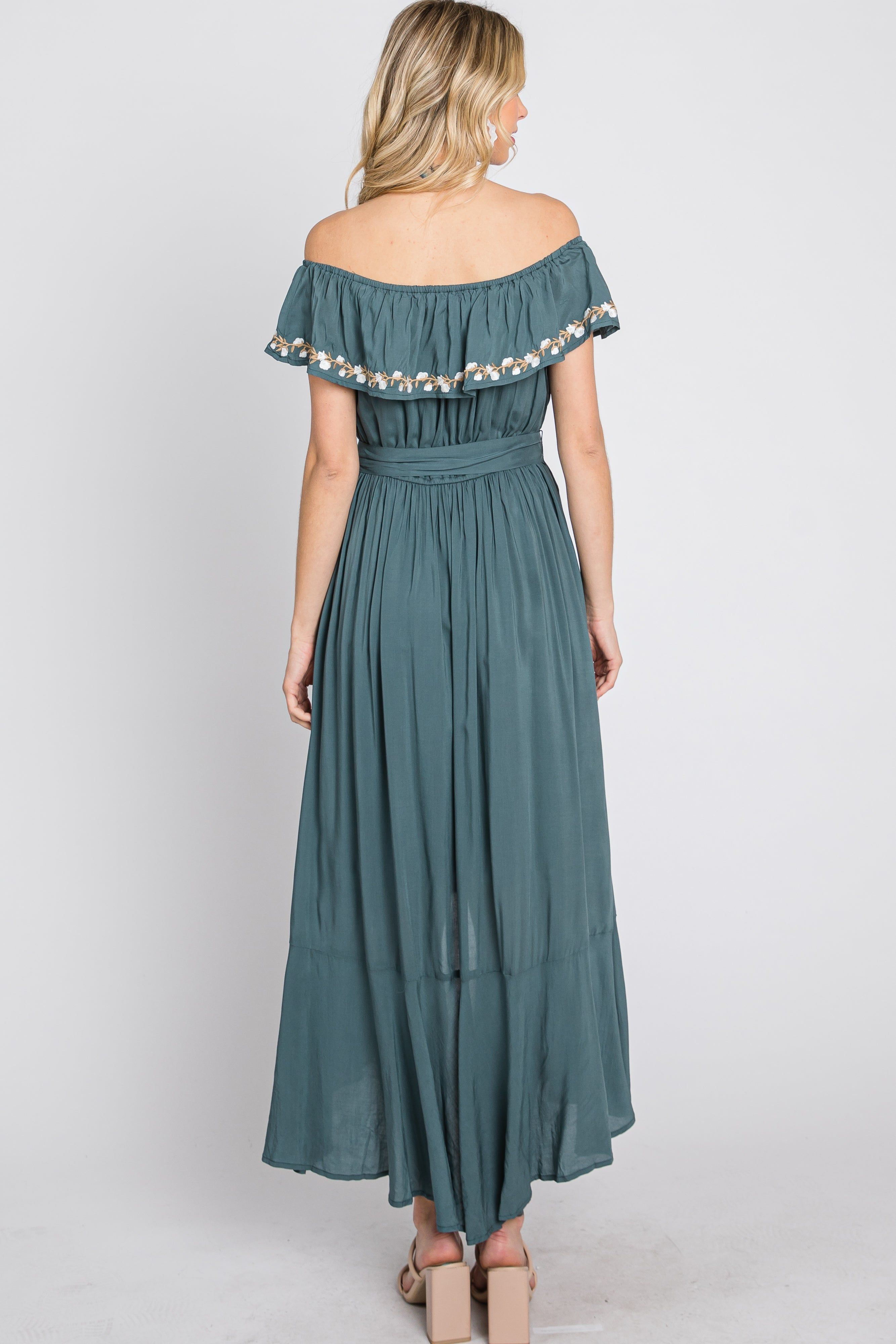 Green Floral Embroidered Off Shoulder Dress sold by Pinkblush product image thumbnail 7