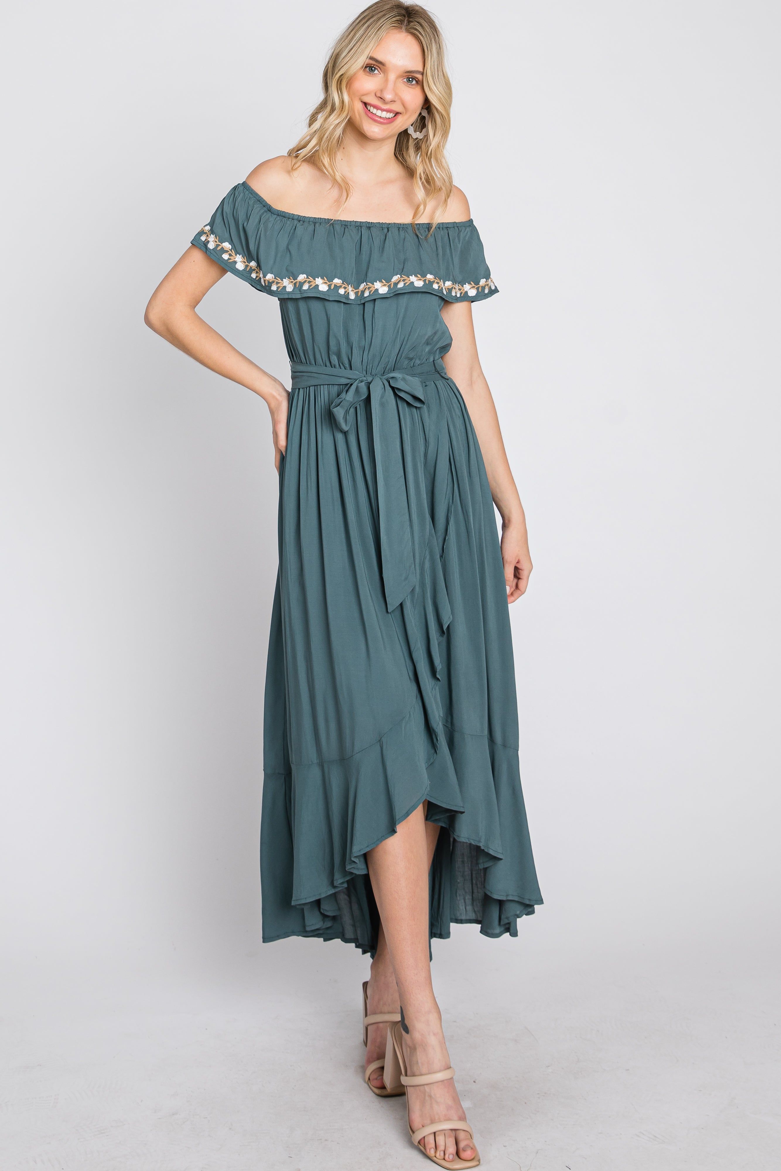 Green Floral Embroidered Off Shoulder Dress sold by Pinkblush product image thumbnail 4