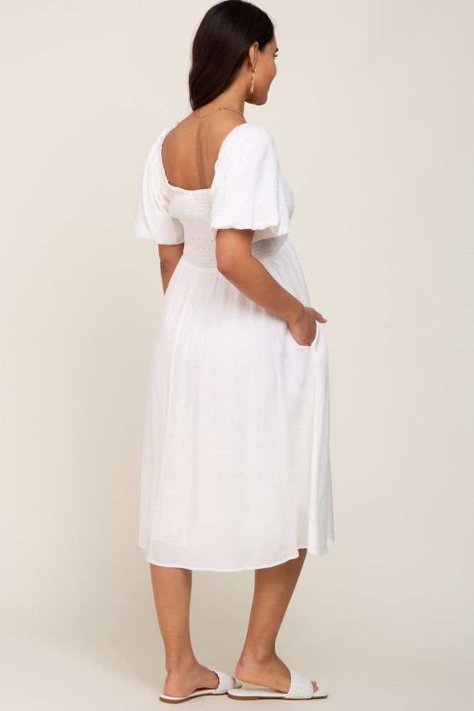 White Smocked Puff Sleeve Maternity Midi Dress sold by Pinkblush product image thumbnail 3