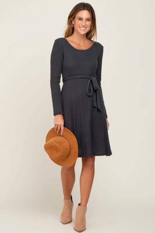 Charcoal Soft Rib Knit Sash Tie Dress sold by Pinkblush