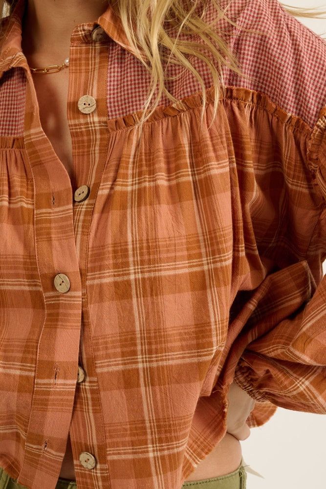 Rust Oversized Plaid Button Front Ruffled Seam Shirt sold by Pinkblush product image thumbnail 5