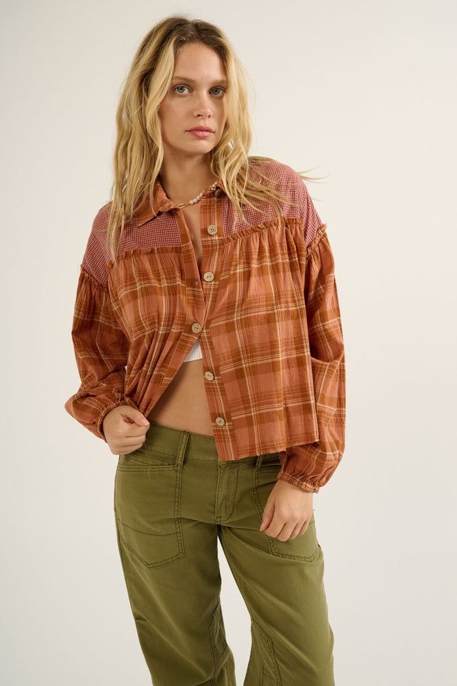 Rust Oversized Plaid Button Front Ruffled Seam Shirt sold by Pinkblush product image thumbnail 2