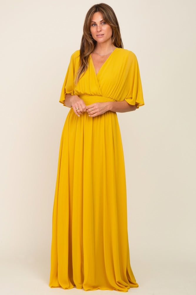 Yellow Chiffon V-Neck Smocked Waist Maxi Dress sold by Pinkblush product image thumbnail 4