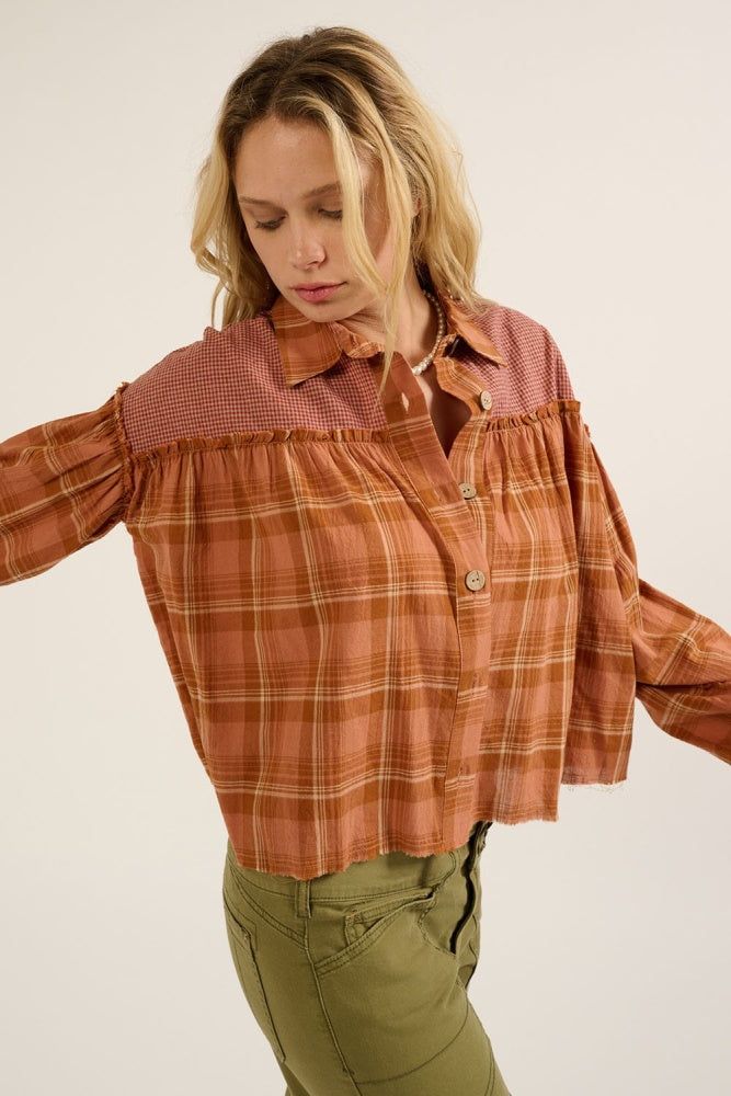Rust Oversized Plaid Button Front Ruffled Seam Shirt sold by Pinkblush product image thumbnail 3