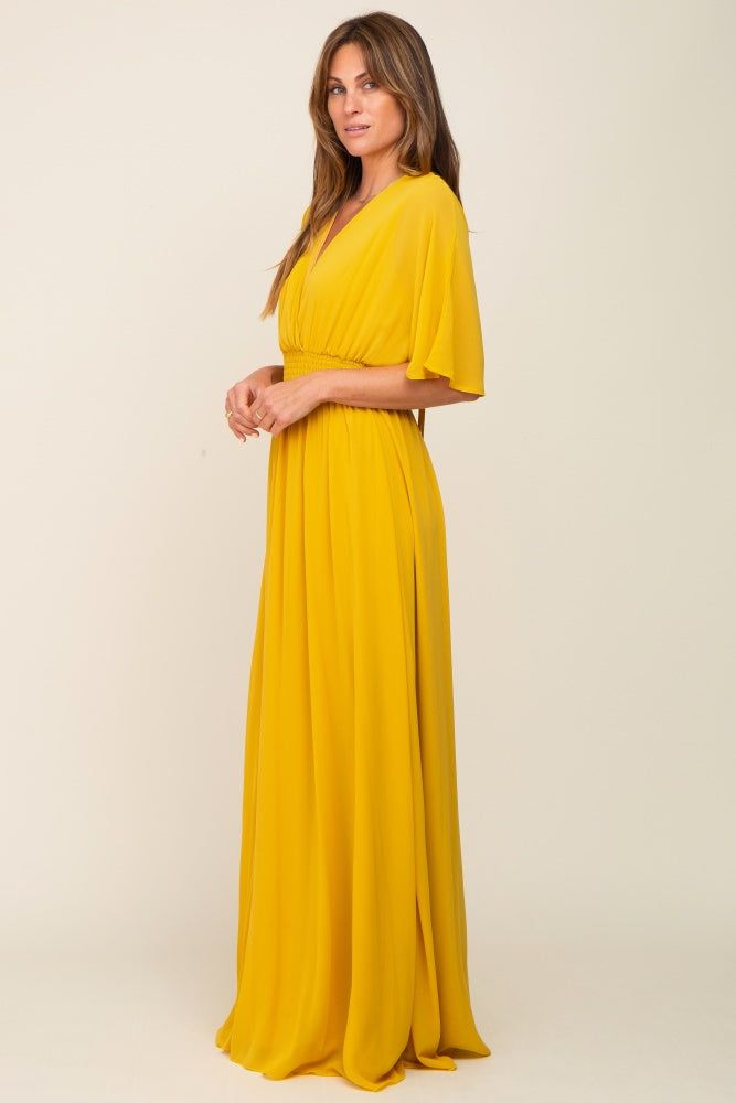 Yellow Chiffon V-Neck Smocked Waist Maxi Dress sold by Pinkblush product image thumbnail 2