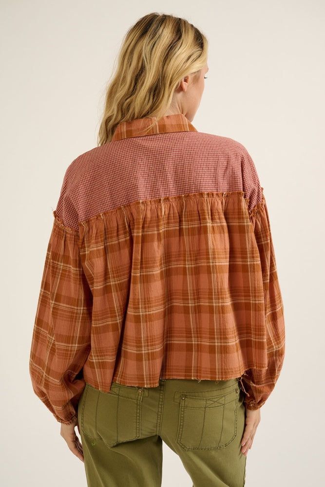 Rust Oversized Plaid Button Front Ruffled Seam Shirt sold by Pinkblush product image thumbnail 4