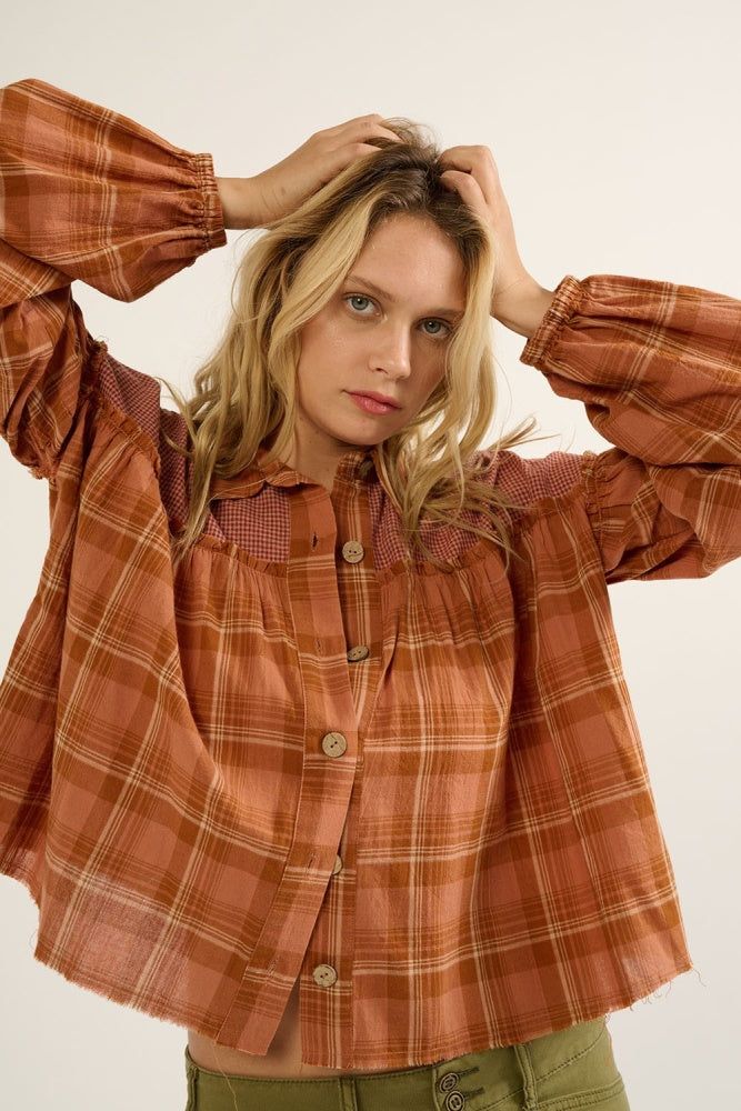 Rust Oversized Plaid Button Front Ruffled Seam Shirt sold by Pinkblush