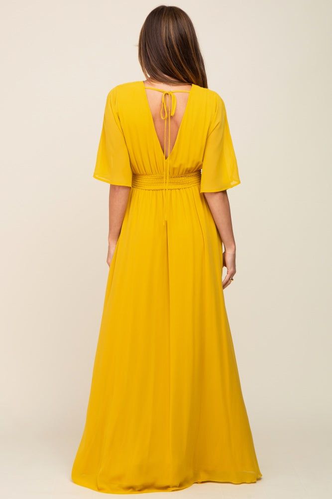 Yellow Chiffon V-Neck Smocked Waist Maxi Dress sold by Pinkblush product image thumbnail 3