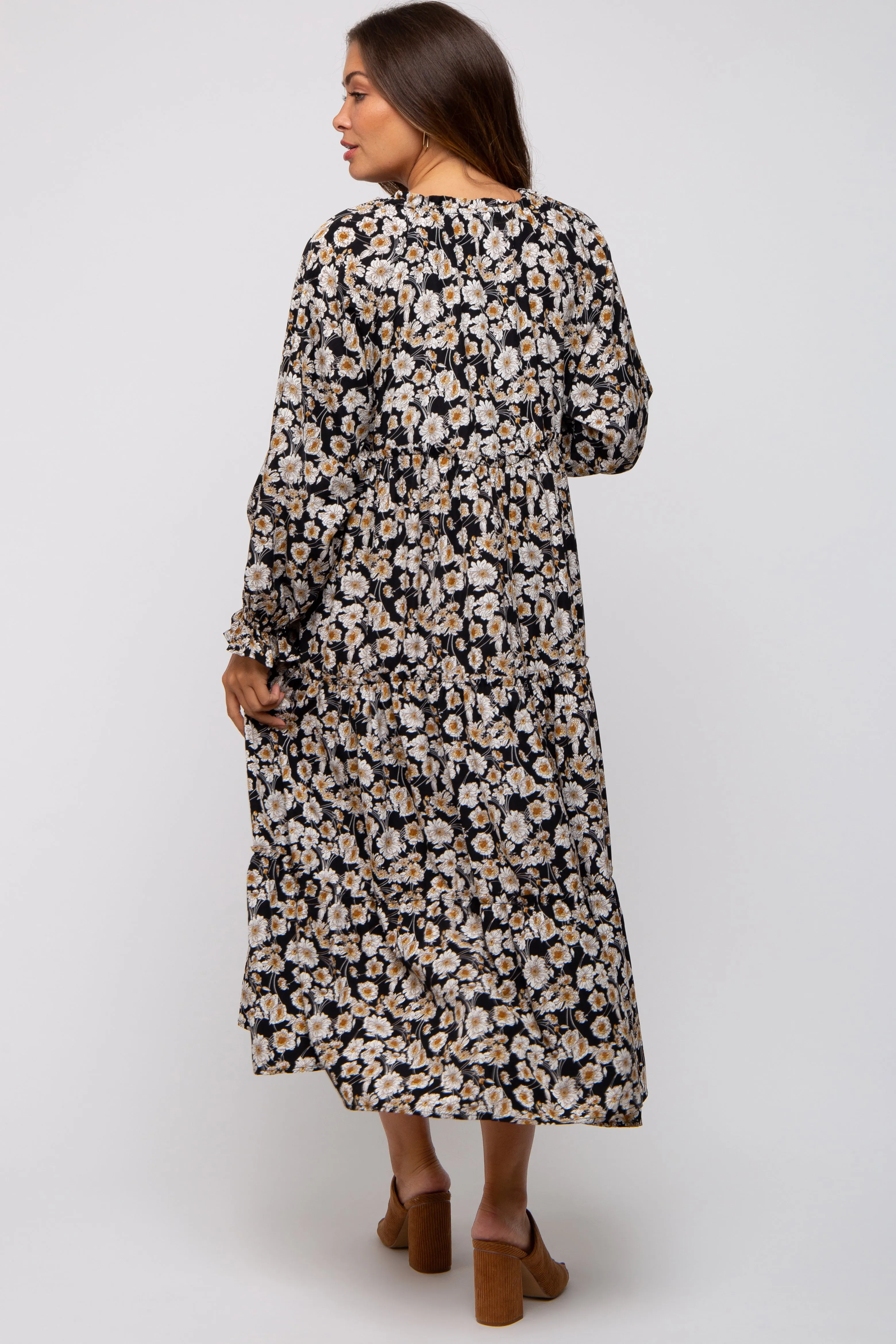 Black Floral Ruffle Neck Tiered Maternity Midi Dress sold by Pinkblush product image thumbnail 4