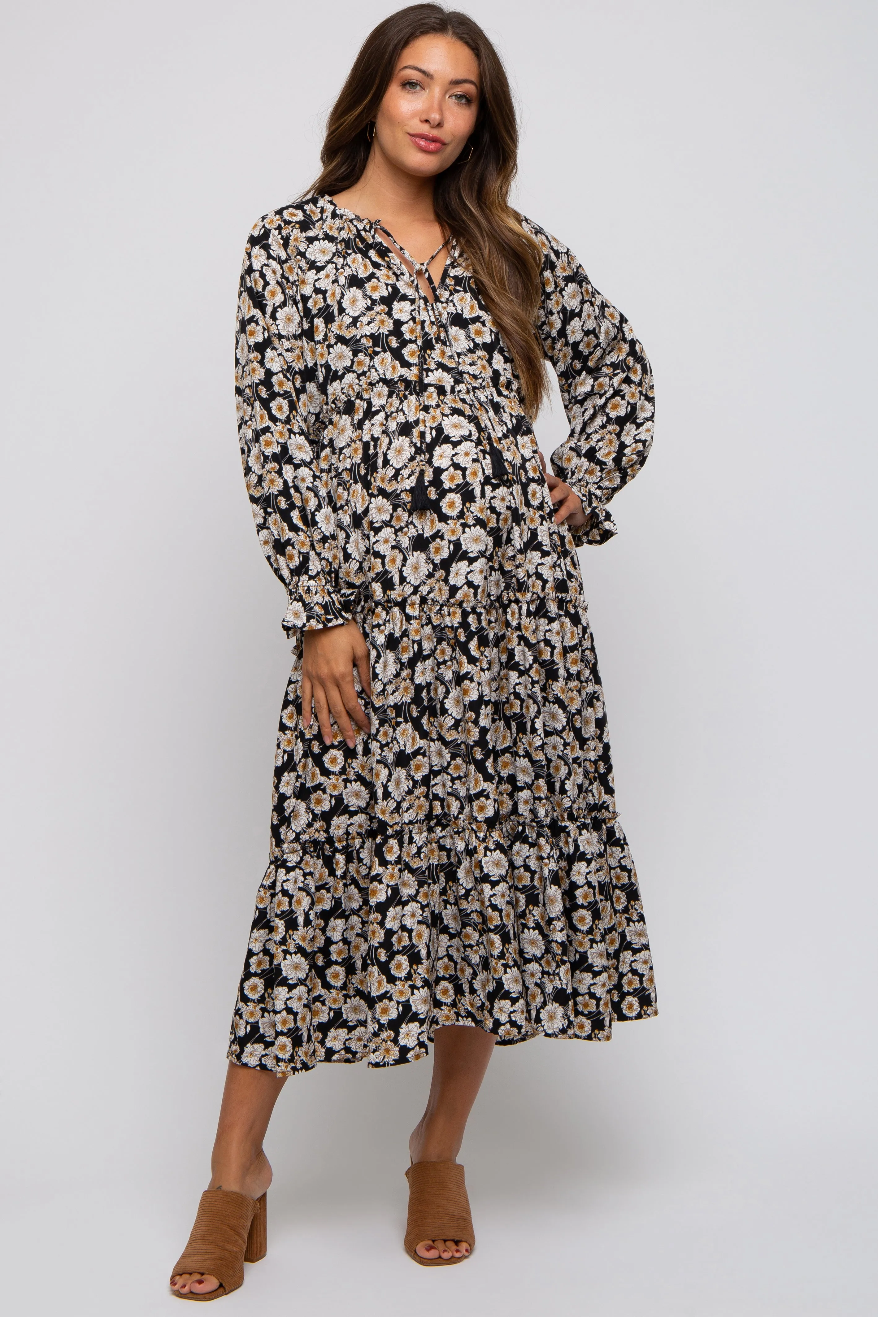Black Floral Ruffle Neck Tiered Maternity Midi Dress sold by Pinkblush