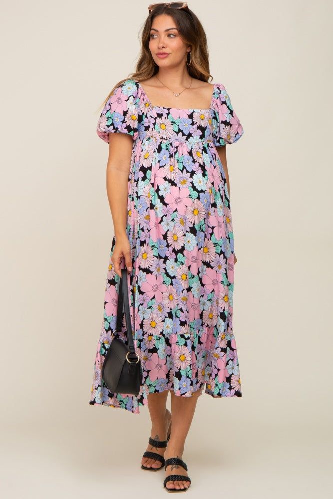 Multicolor Floral Puff Sleeve Maternity Midi Dress sold by Pinkblush product image thumbnail 5