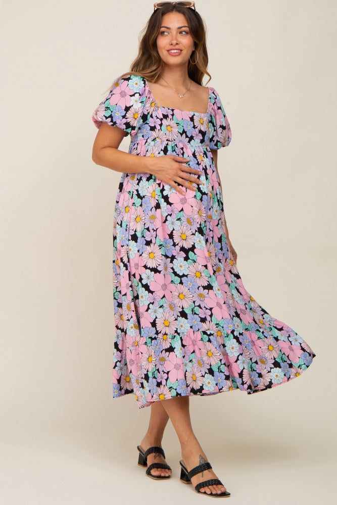 Multicolor Floral Puff Sleeve Maternity Midi Dress sold by Pinkblush product image thumbnail 2