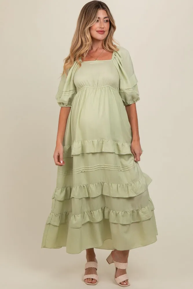 Sage Ruffle Tiered Maternity Maxi Dress sold by Pinkblush