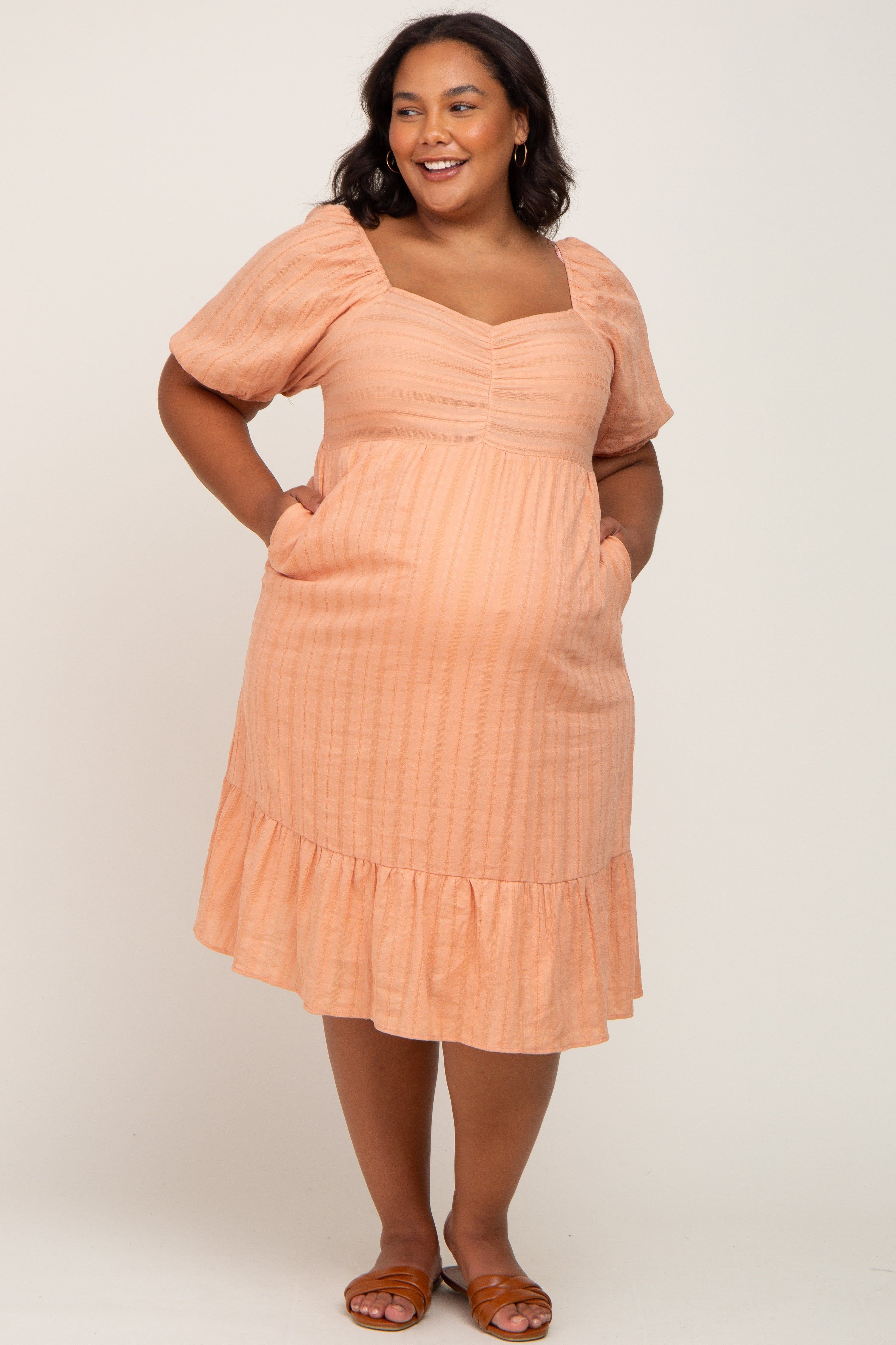 Peach Textured Sweetheart Maternity Plus Midi Dress sold by Pinkblush product image thumbnail 4