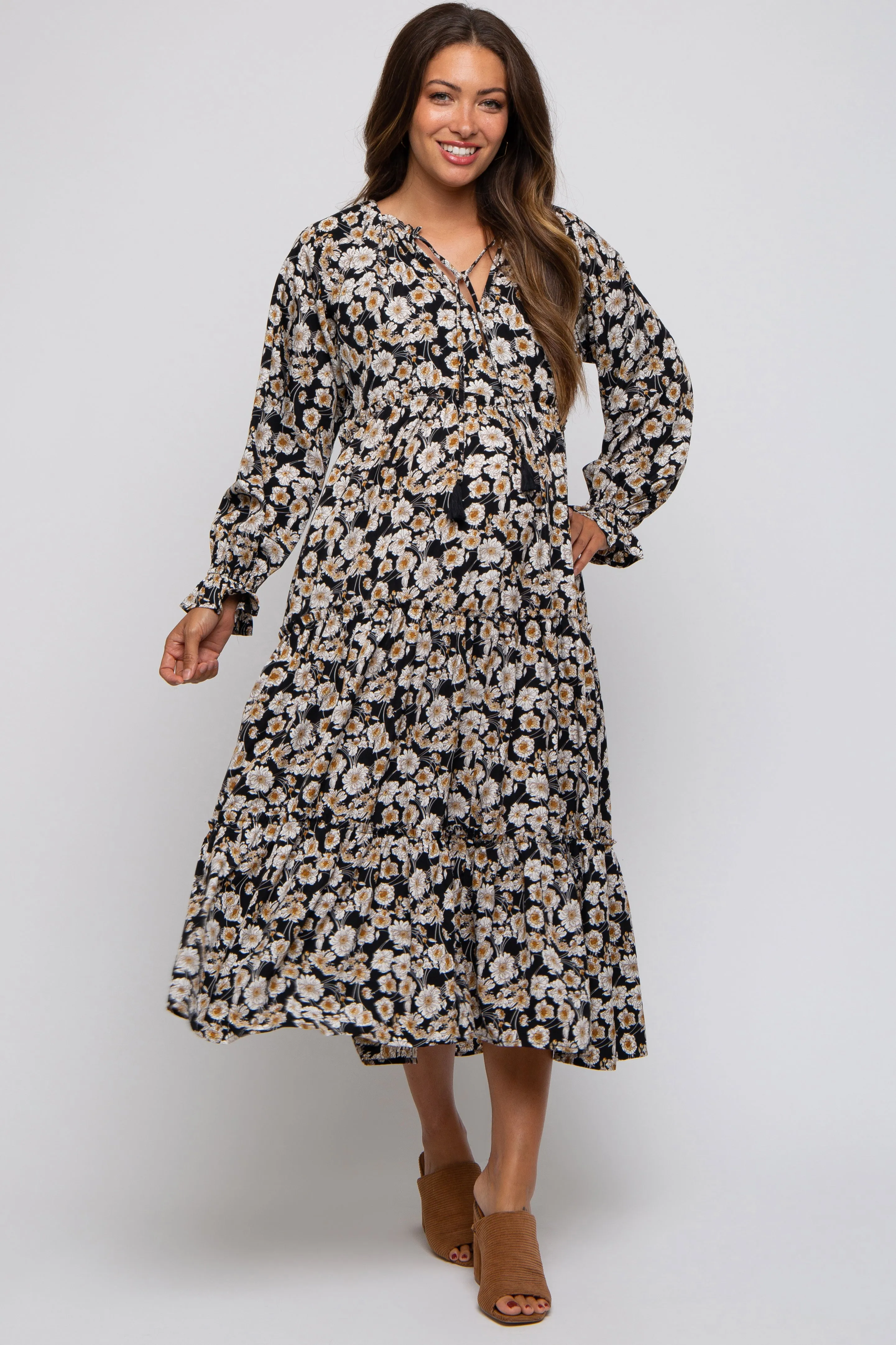 Black Floral Ruffle Neck Tiered Maternity Midi Dress sold by Pinkblush product image thumbnail 2