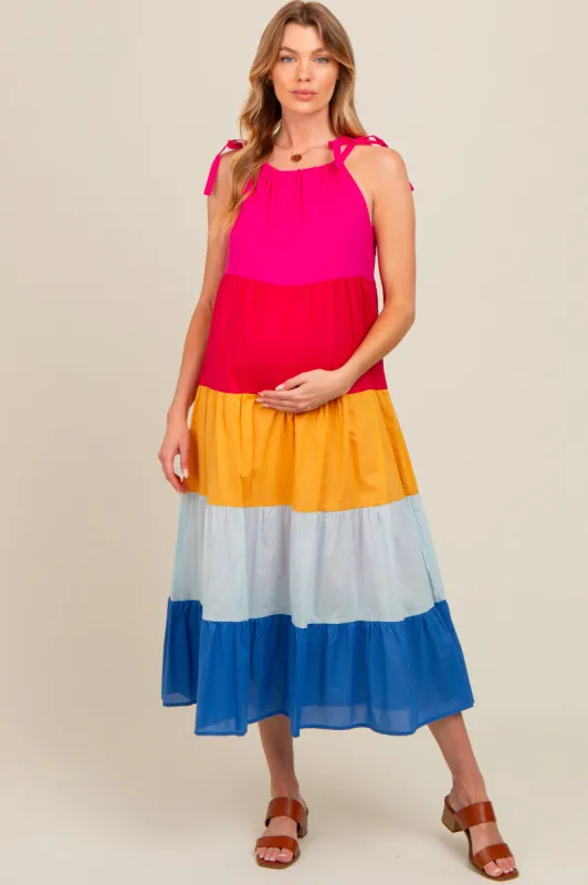 Fuchsia Colorblock Tiered Maternity Midi Dress sold by Pinkblush