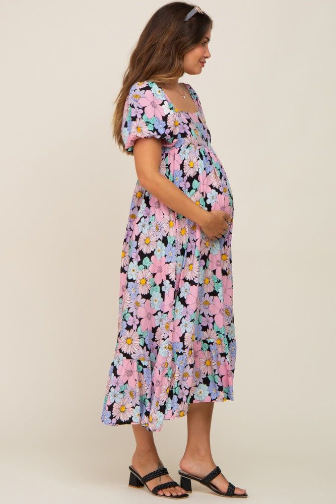 Multicolor Floral Puff Sleeve Maternity Midi Dress sold by Pinkblush product image thumbnail 3