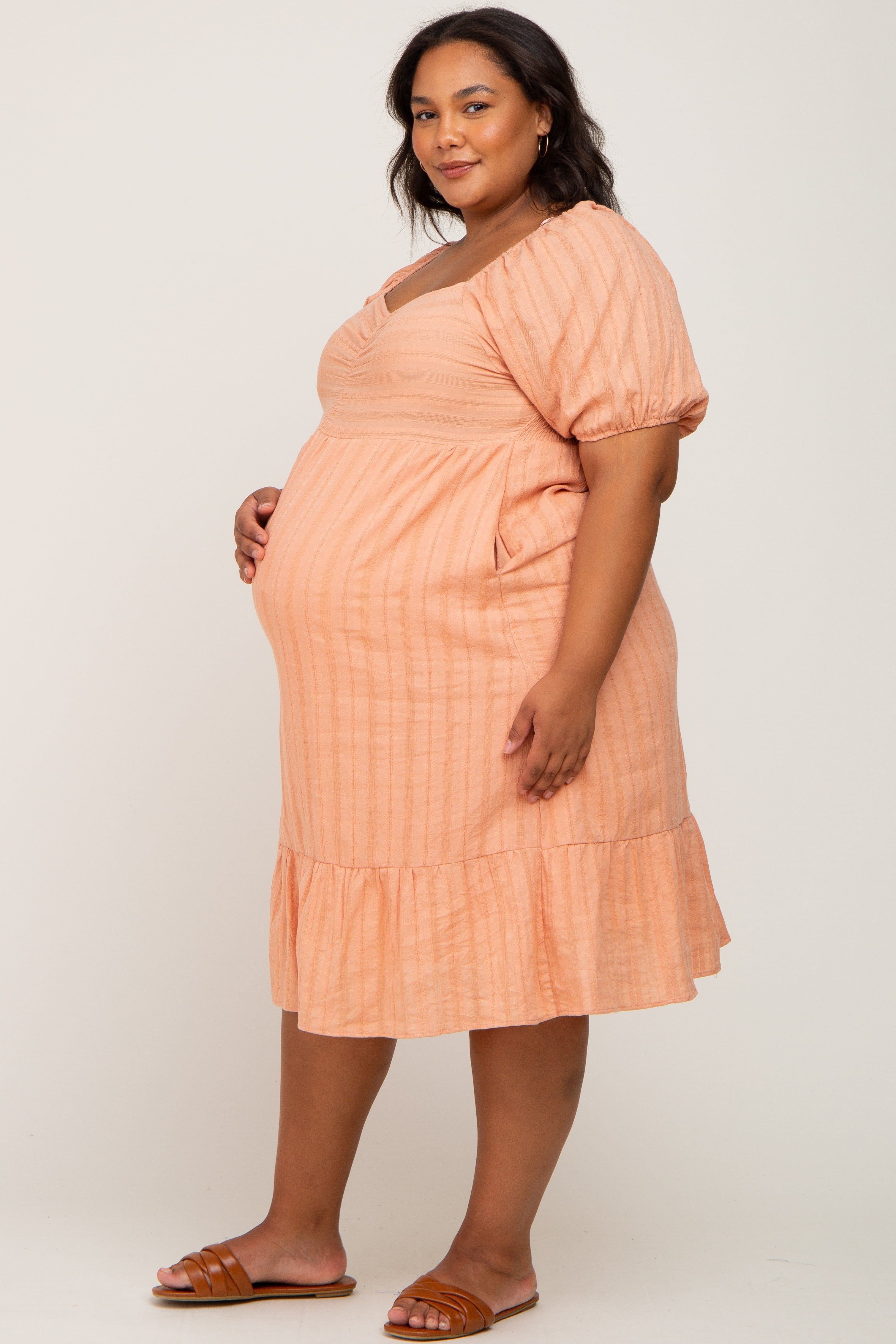 Peach Textured Sweetheart Maternity Plus Midi Dress sold by Pinkblush product image thumbnail 2