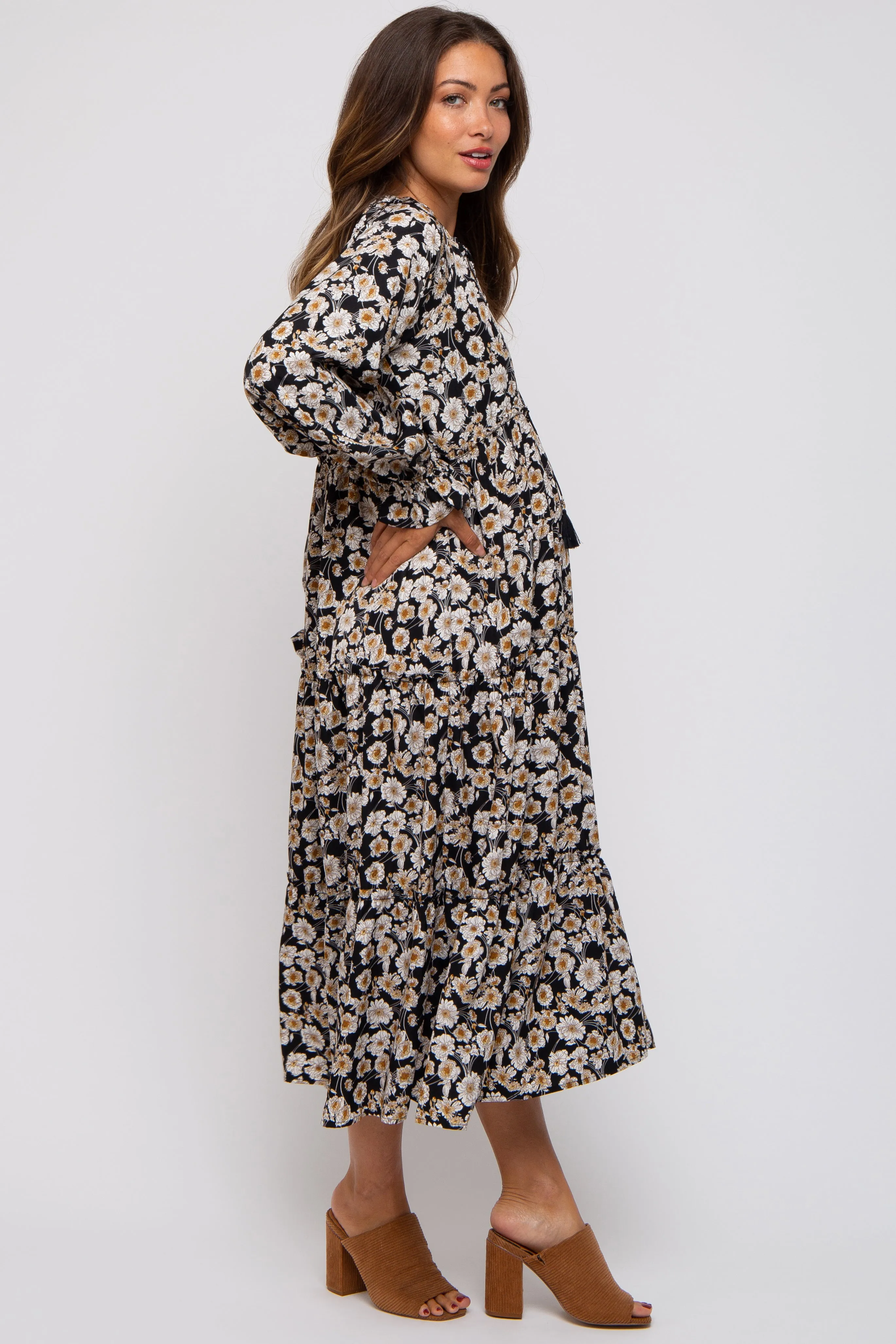 Black Floral Ruffle Neck Tiered Maternity Midi Dress sold by Pinkblush product image thumbnail 3