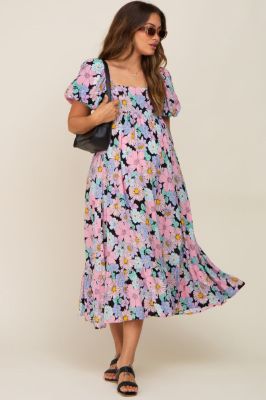 Multicolor Floral Puff Sleeve Maternity Midi Dress sold by Pinkblush