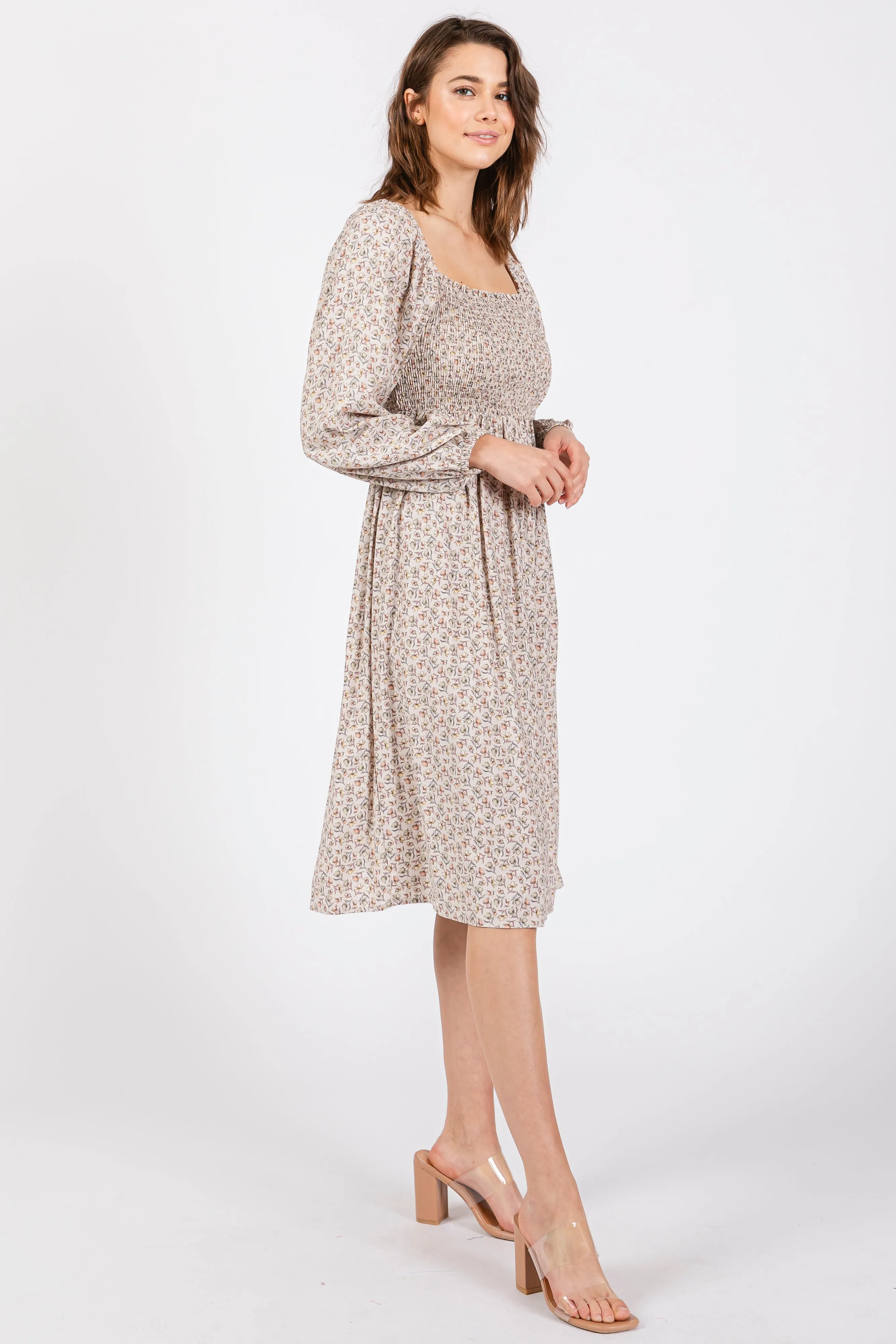 Beige Floral Print Long Sleeve Midi Dress sold by Pinkblush product image thumbnail 2