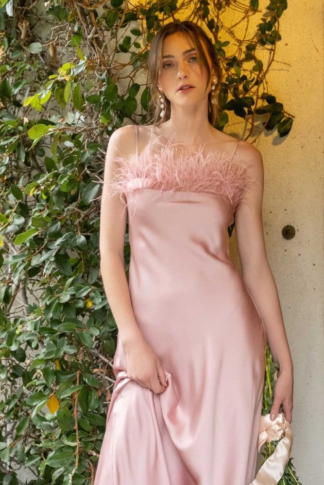 Pink Faux Feather Trim Slip Midi Dress sold by Pinkblush product image thumbnail 4